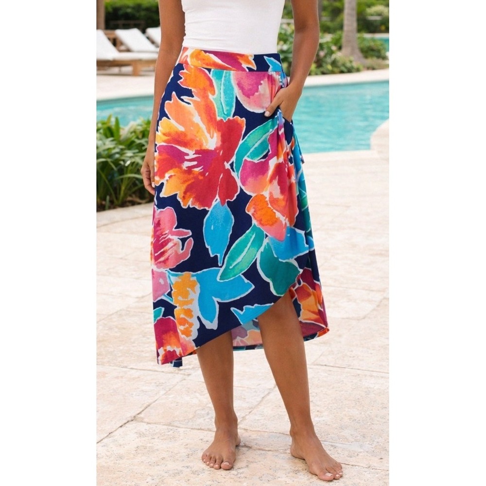 Liz Claiborne Floral Faux Wrap Midi Skirt Navy Pink Orange Medium NEW